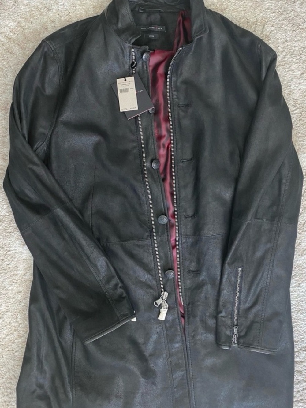 John Varvatos Black Leather Trench Coat - Men's NWT SZ Large